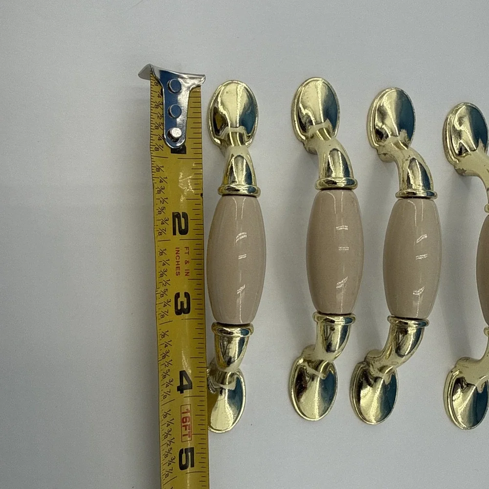Drawer Pulls Cabinet Handles Set Of 7 Cream Ceramic Gold Brass Metal Ends